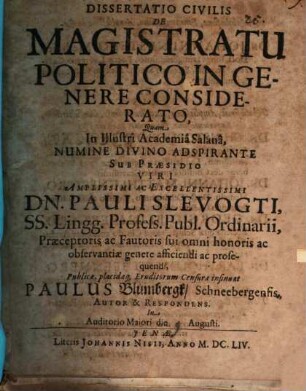 Diss. civ. de magistratu politico in genere considerato