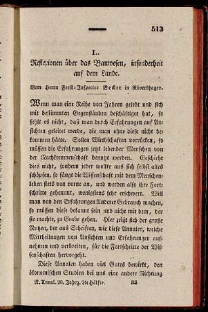 L. Reflexionen über das Bauwesen, insonderheit auf dem Lande