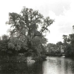 Spantekow. Bruchsteinmauer des alten Festungsbaus (Schloss). Ansicht über den Wassergraben