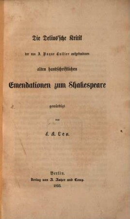 Die Delius'sche Kritik der von J. Payne Collier aufgefundenen alten handschriftlichen Emendationen zum Shakespeare
