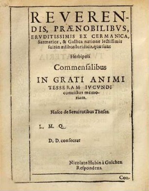 Conclvsiones Ivridicae Ex Servitvtvm Materia Depromptae