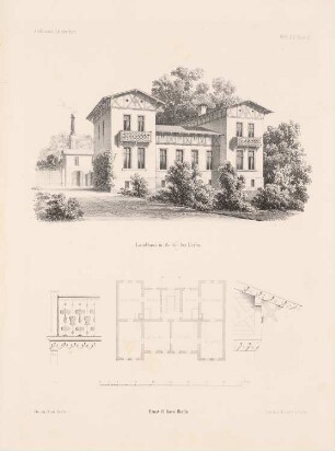 Landhaus, Berlin-Moabit: Grundriss, Perspektivische Ansicht, Details (aus: Architektonisches Skizzenbuch, H. 14, 1854)