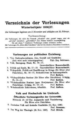 Verzeichnis der Vorlesungen Winterhalbjahr 1936/37.