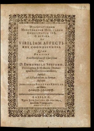 Disputationum Menstruarum Medicarum Exercitatio IIX. & Ultima De Virilium Affectibus Cognoscendis