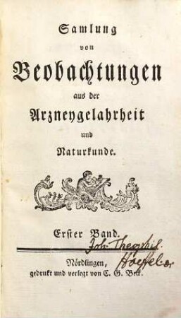 Sammlung von Beobachtungen aus der Arzney-Gelahrtheit und Naturkunde, 1