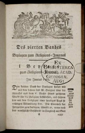 Des vierten Bandes I. Beylage zum Religions-Journal, Im Junius 1782