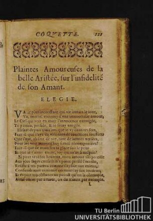 Plaintes Amoureuses de la belle Aristée, sur l'infidelité de son Amant. Elegie.