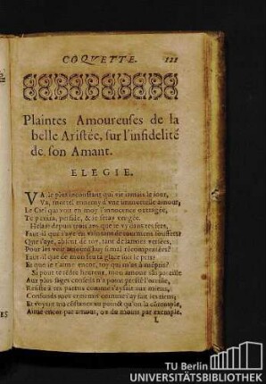Plaintes Amoureuses de la belle Aristée, sur l'infidelité de son Amant. Elegie.