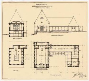 Friedhof Heerstraße, Berlin Krematorium: Grundrisse 1:50: Keller, Erdgeschoss; Aufriss: Vorderansicht 1:50; Querschnitt 1:50