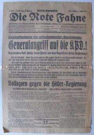 Sonderausgabe der kommunistischen Tageszeitung "Die Rote Fahne" zum Amtsantritt der Hitler-Regierung
