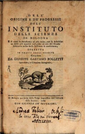 Dell'origine e de'progressi dell'Instituto delle Scienze di Bologna