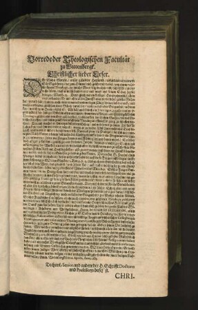Vorrede der Theologischen Facultät zu Wittenbergk. Christlicher lieber Leser.