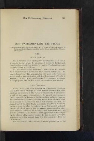 Our Parliamentary Note-Book