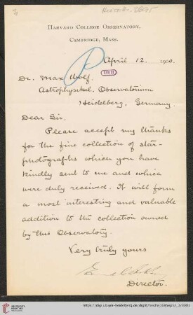 Briefe von Edward Charles Pickering an Max Wolf: Brief von Edward Charles Pickering an Max Wolf