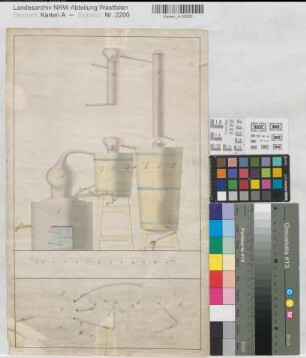 Destillierapparat 1.H. 19.Jh. 12 Fuß = 18 cm 41 x 25 kol. Zeichnung KSM Nr. 842