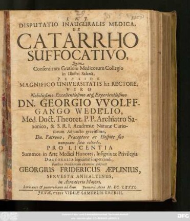 Disputatio Inauguralis Medica, De Catarrho Suffocativo