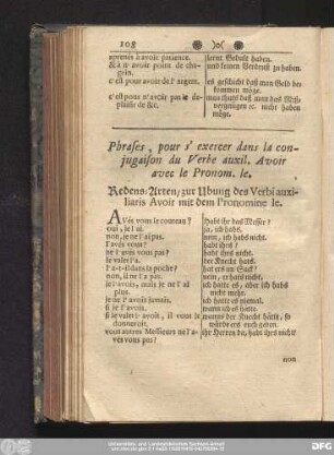 Phrases, pour s'exercer dans la conjugation du Verbe auxil. Avoir avec le Pronom. le. Redens-Arten, zur Ubung des Verbi auxiliaris Avoir mit dem Pronomine le.