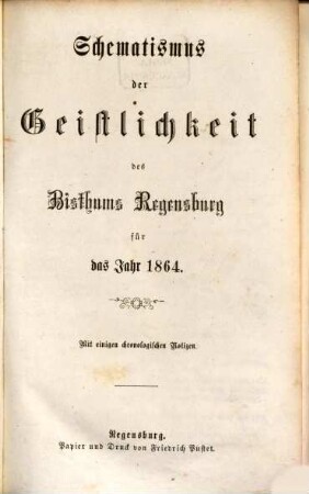Schematismus des Bistums Regensburg. 1864