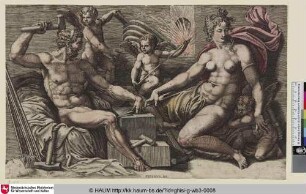 Vénus assise dans la forge de Vulcain occupé à forger les traits de l'Amour
