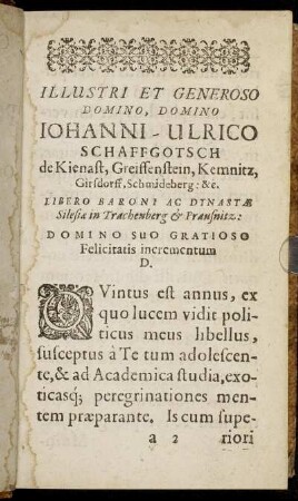 Illustri Et Generoso Domino, Domino Johanni-Ulrico Schaffgotsch [...]