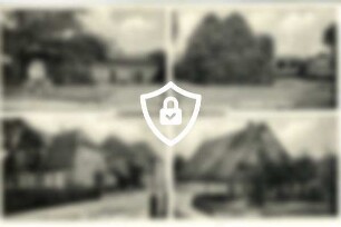 Sammelansicht: Gedenkstein mit Friedenseiche, Dorfstraße mit Schule, Hof [Name maskiert] Gasthof Rickert