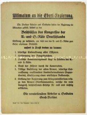 Forderung der revolutionären Arbeiter und Soldaten Groß-Berlins an den Rat der Volksbeauftragten zur Durchsetzung der Beschlüsse des Reichskongresses der Arbeiter- und Soldatenräte