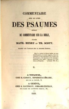 Commentaire sur le livre des Psaumes : extrait du Commentaire sur la Bible, 2 (1839)