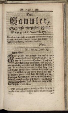 Drey und vierzigstes Stück. Montags den 5. Novemb. 1736.