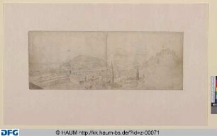 Ansicht von Salzburg mit der Veste Hohensalzburg vom Mönchsberg aus, im Hintergrund Kapuziner- und Gaisberg