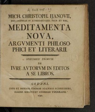 Specimen Primvm: De Ivre Avtorvm In Editos A Se Libros