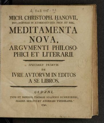 Specimen Primvm: De Ivre Avtorvm In Editos A Se Libros