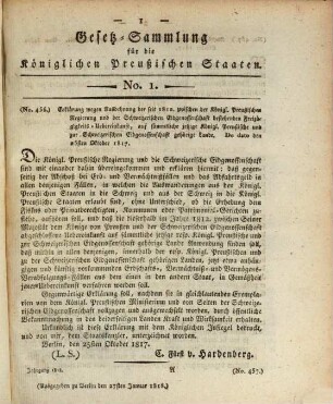 Gesetzsammlung für die Königlich-Preußischen Staaten : enth. d. Verordnungen vom ... 1818, 1818