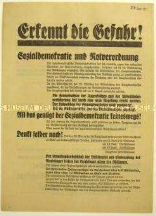 Flugblatt der SPD zu ihrer Akzeptanz der Notordnung "Zur Sicherung von Wirtschaft und Finanzen"