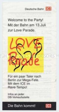 Werbeblatt mit Sonderfahrplan der Deutschen Bahn zur Berliner Love Parade 1996