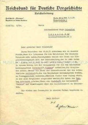Schreiben des Reichsbundes für Deutsche Vorgeschichte an einen Lehrer bezüglich dessen Antrages auf Mitgliedschaft
