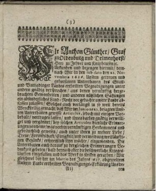 Wir Anthon Günther/ Graf zu Oldenburg und Delmenhorst ... Urkunden und bezeugen hiermit ...