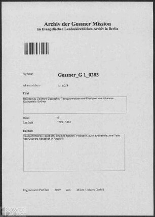 Beiträge zu Goßners Biographie. Tagebuchnotizen und Predigten von Goßner