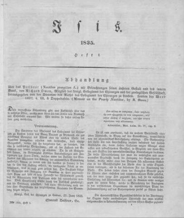 1835: Isis : encyclopädische Zeitschrift, vorzügl. für Naturgeschichte, vergleichende Anatomie u. Physiologie