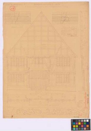 Grebenstein ([Landkreis Hofgeismar]): Bahnhofstraße 39, Altes Ackerbürgerhaus (erbaut 1655). - Ackerbürgerhaus (Giebel-Ansicht). - Giebel (Höhenschnitt). - Erdgeschoss (Vertikalschnitt). - Einzelheiten (Schnitt a-b, Schnitt c-d). - Ornament Punkt A (Ansicht)