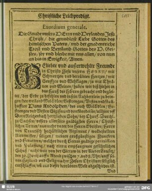 Leichenpredigt : Exordium generale. Textus. Commendatio defuncti