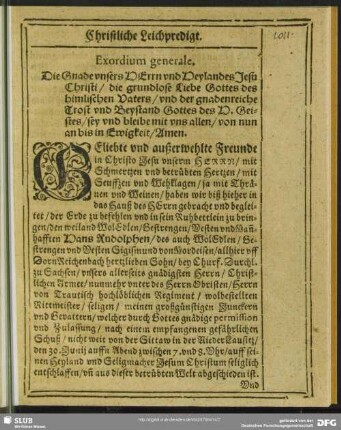 Leichenpredigt : Exordium generale. Textus. Commendatio defuncti