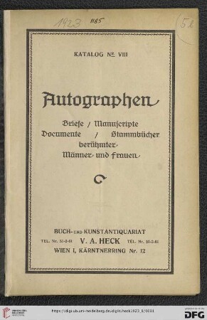 Nr. 8: Katalog: Autographen, Briefe/Manuscripte, Documente/Stammbücher berühmter Männer und Frauen