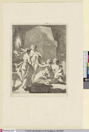 [Mann mit einer Kerze vor einem Sarkophag; Man with a candle at a sarcophagus]