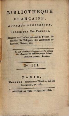 Bibliothèque française : ouvrage périodique. 1. 1800, 3 = Juli