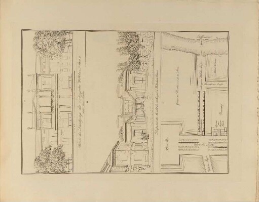 Illustration: Facade des Durchgangs der verlängerten Wilhelms-Strasse unter den Linden. / Perspectivische Ansicht der verlängerten Wilhelms-Strasse.