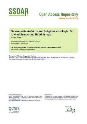 Gesammelte Aufsätze zur Religionssoziologie. Bd. II, Hinduismus und Buddhismus