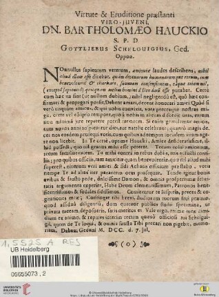 Virtute & Eruditione præstanti viro - juveni, Dn. Bartholomæo Hauckio [...]