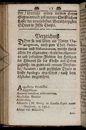 Verzeichniß Derer so wol Alten als Neuen Theologorum, auch zum Theil Politicorum und Historicorum ...