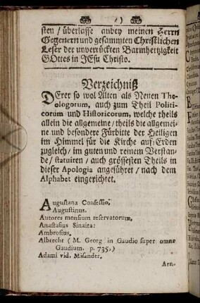 Verzeichniß Derer so wol Alten als Neuen Theologorum, auch zum Theil Politicorum und Historicorum ...