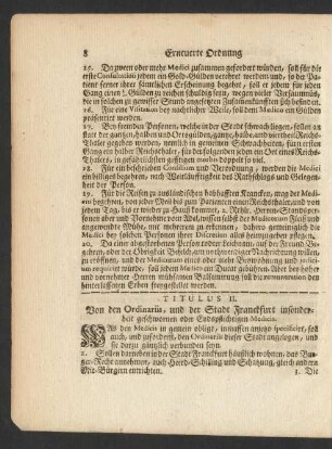 Titulus II. Von den Ordinariis, und der Stadt Franckfurt insonderheit geschworen oder Eydspflichtigen Medicis